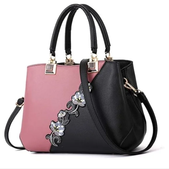 Handbag Embroidery Top Handle Satchel Fashion Shoulder Bag Tote Purse Black Pink - Picture 7 of 7